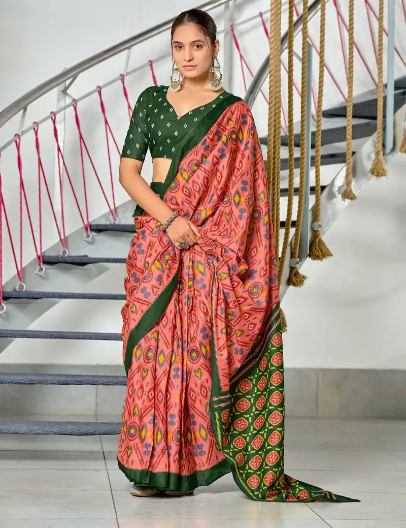 Peach soft pure cotton printed fancy saree with blouse