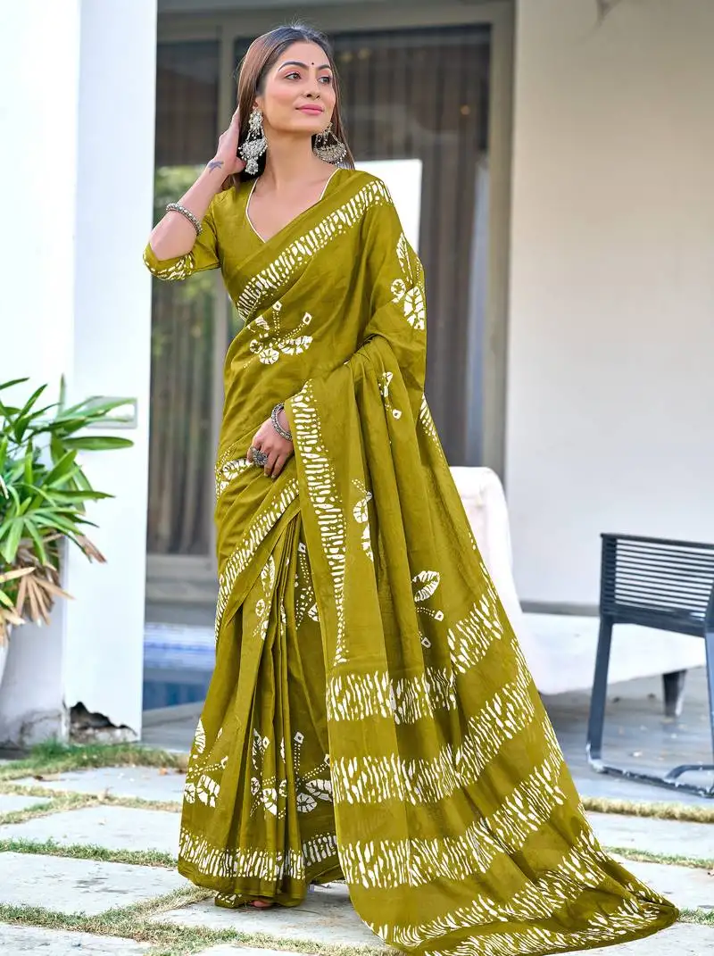 Mehendi soft pure cotton printed fancy saree with blouse