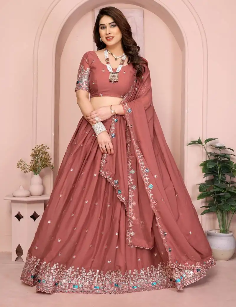 Charming salmon sequence and thread embroidery work star georgette indian designer lehenga choli dress