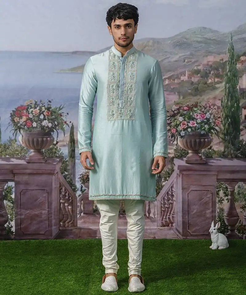 Blue embroidered chanderi silk kurta pajama
