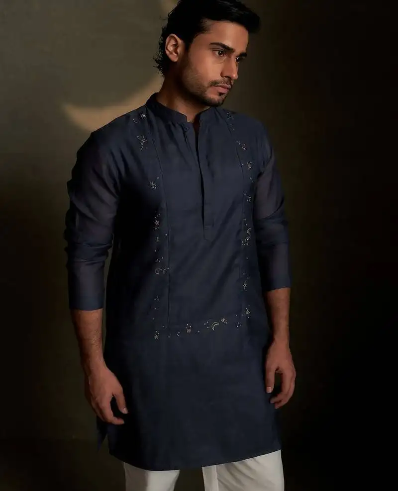 Blue plain chanderi kurta pajama