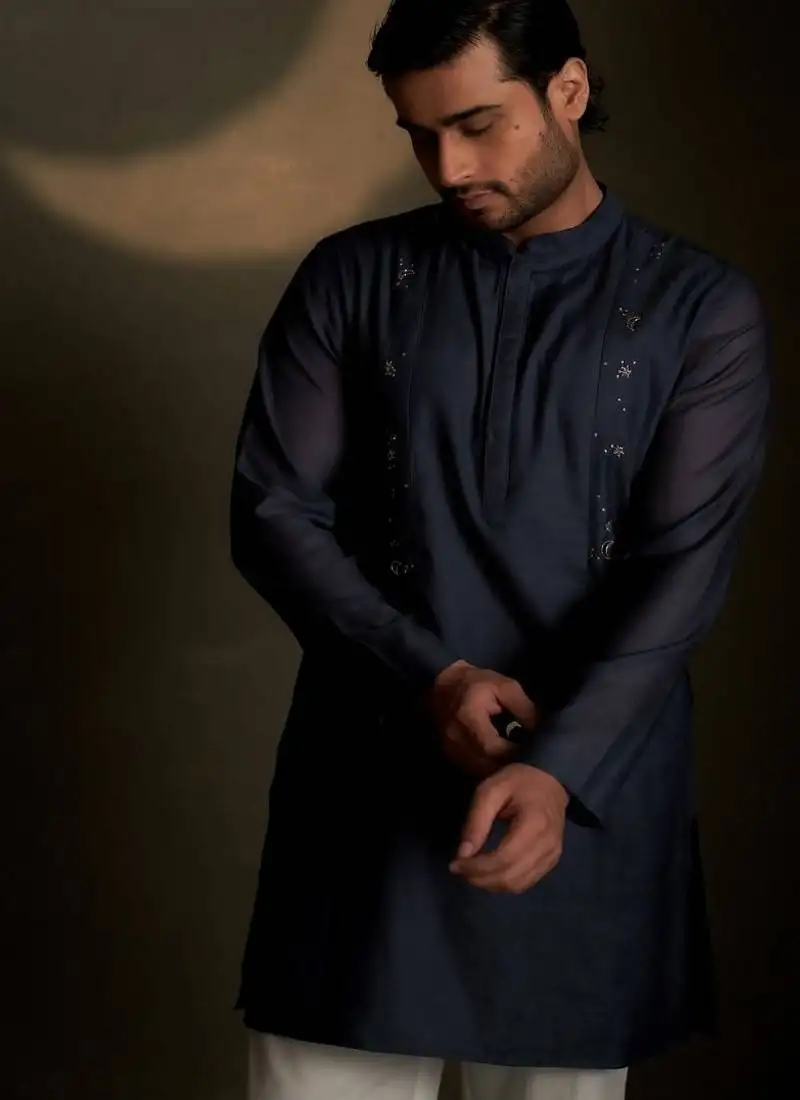Blue plain chanderi nehru jacket set