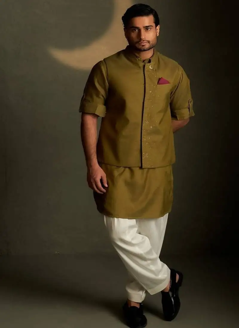 Green plain chanderi nehru jacket set