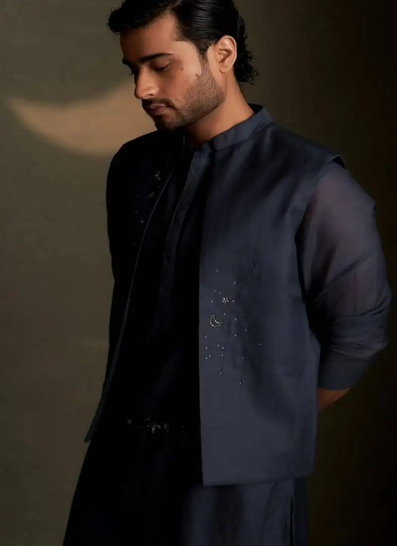Blue plain chanderi nehru jacket