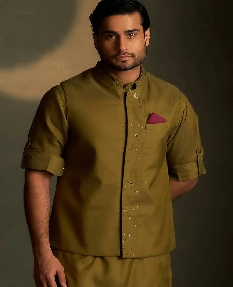 Green plain chanderi nehru jacket