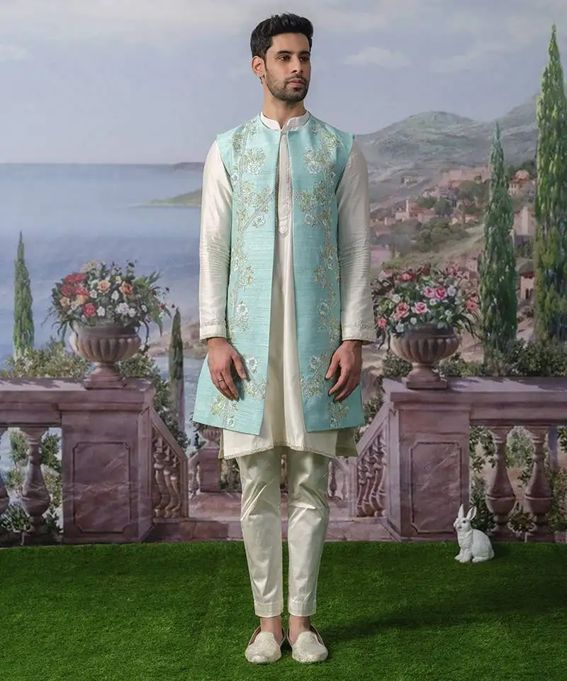 Blue embroidered chanderi silk jacket with kurta pajama