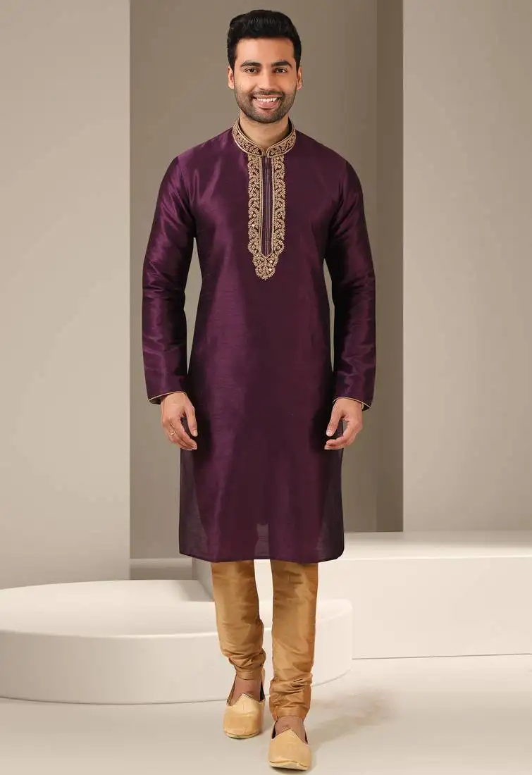 Men's magenta kurta with banarasi art silk and without lining
