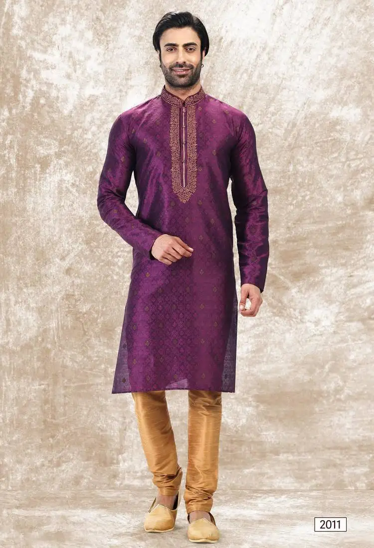 Men's magenta straight kurta with jaqurd silk brocade and without lining
