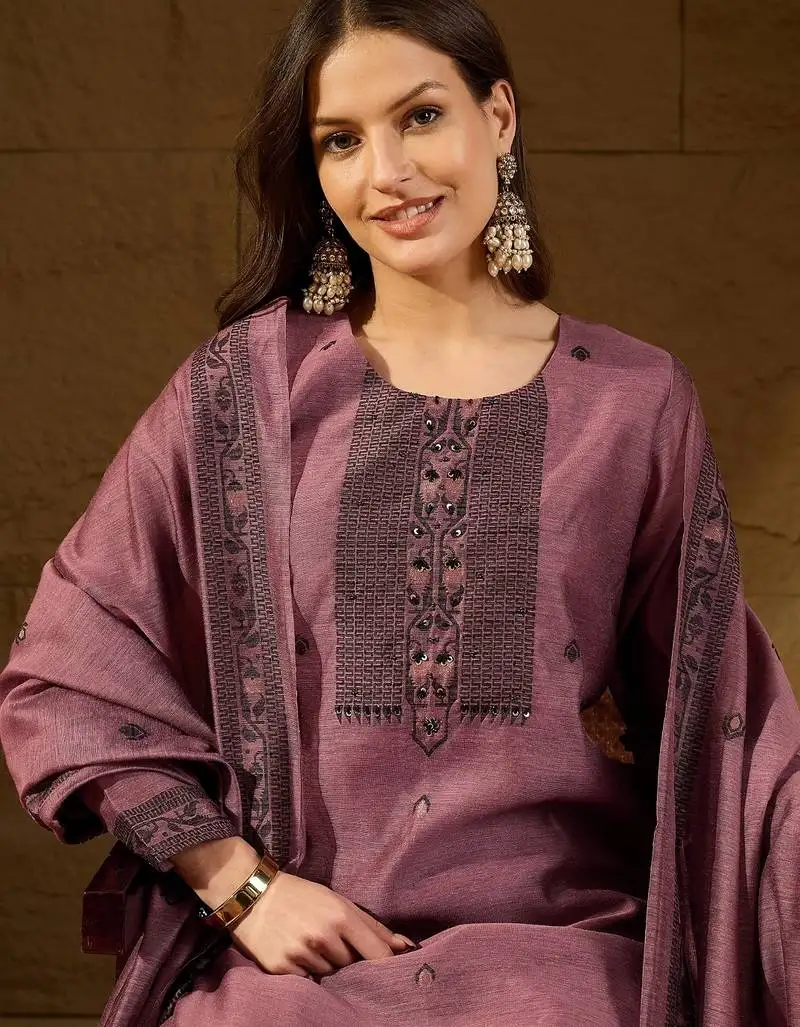 Women mauve chanderi woven design straight kurta trouser with dupatta