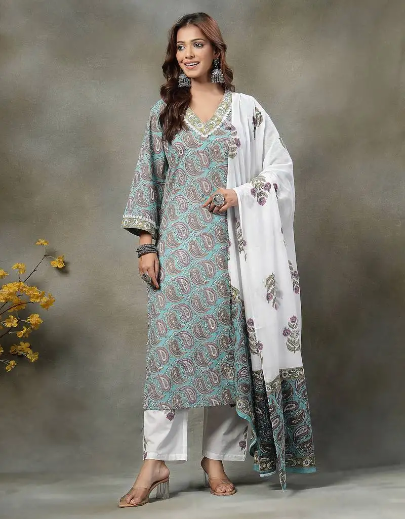 Sky blue paisley cotton straight kurta white trouser white dupatta set