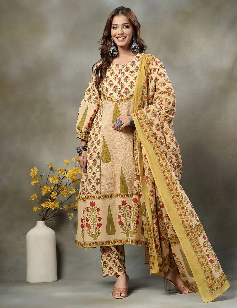 Green and peach floral print cotton a-line kurta and trouser with dupatta set