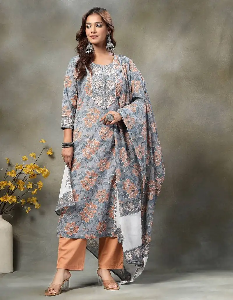 Grey hand embroidery cotton straight kurta orange trouser dupatta set