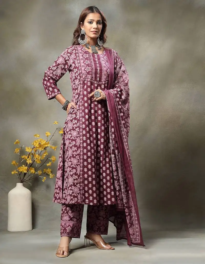 Purple floral print sequins work cotton a-line kurta and trouser with dupatta set