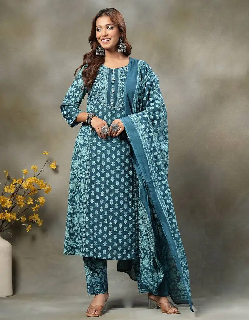 Teal blue floral print sequins work cotton a-line kurta and trouser with dupatta set