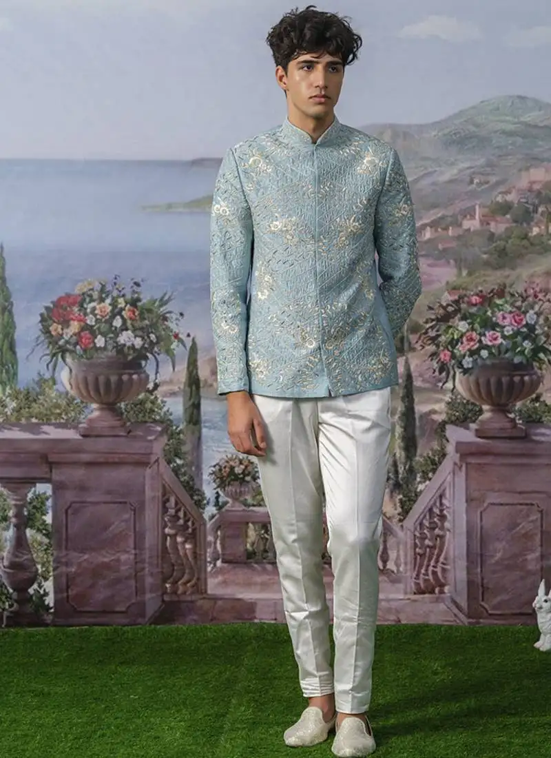 Blue embroidered chanderi silk bandhgala set