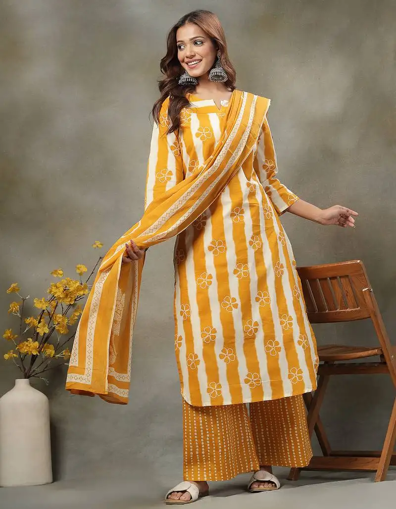 Mustard floral print cotton straight kurta palazoo dupatta set