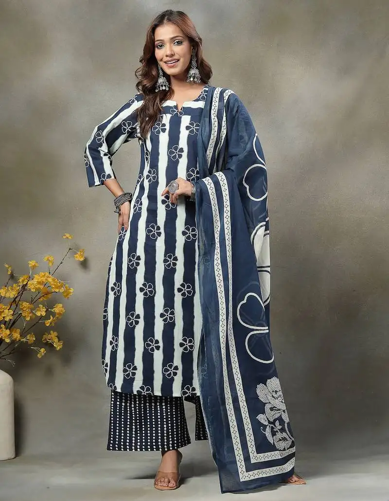 Navy blue floral print cotton straight kurta palazoo dupatta set