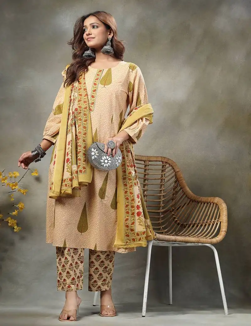 Green and peach floral sequins work cotton a-line kurta and trouser dupatta set