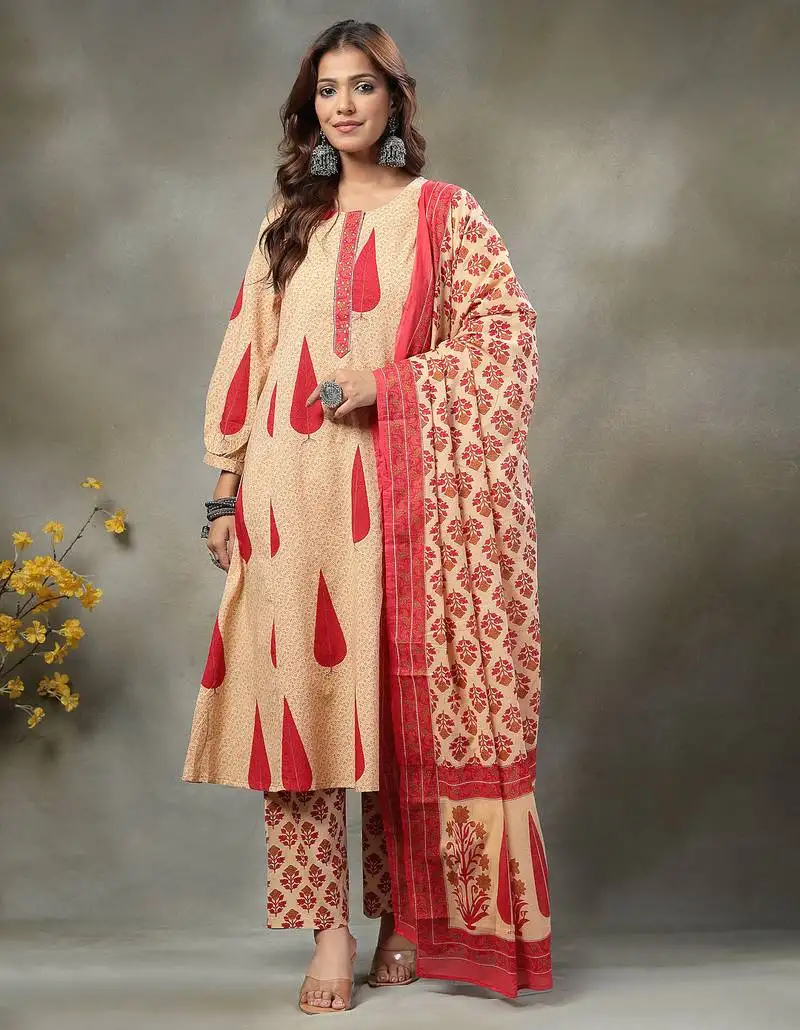 Red and peach floral sequins work cotton a-line kurta and trouser dupatta set