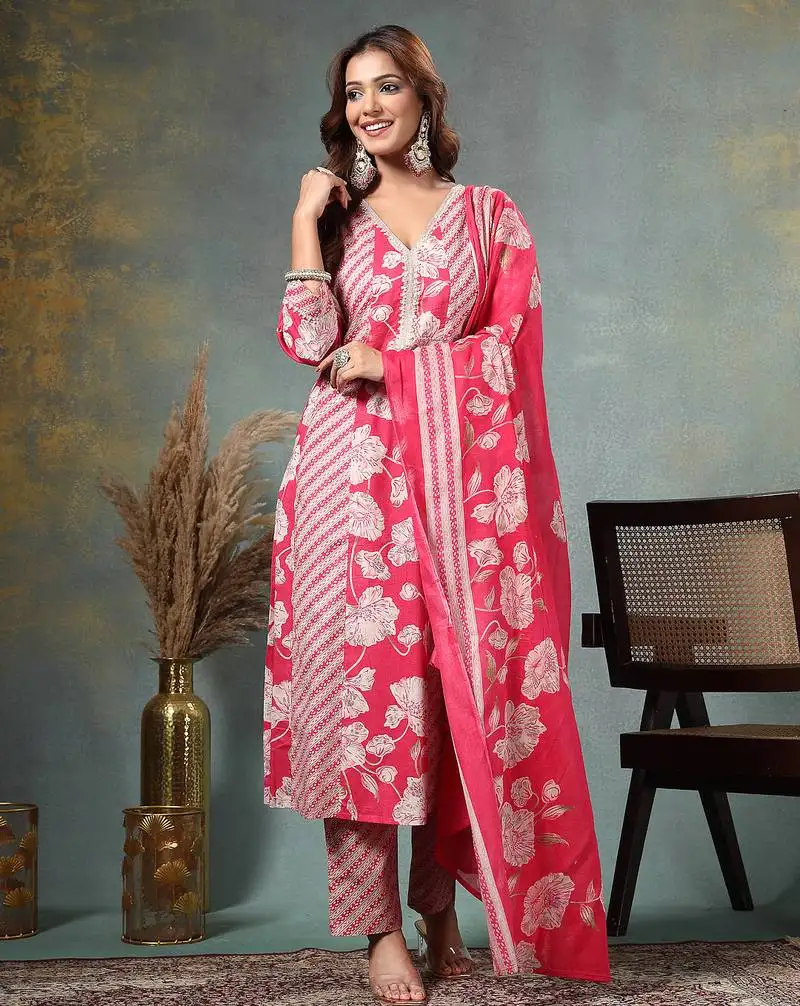 Pink floral print anarkali silk blend kalidaar kurta trouser dupatta set