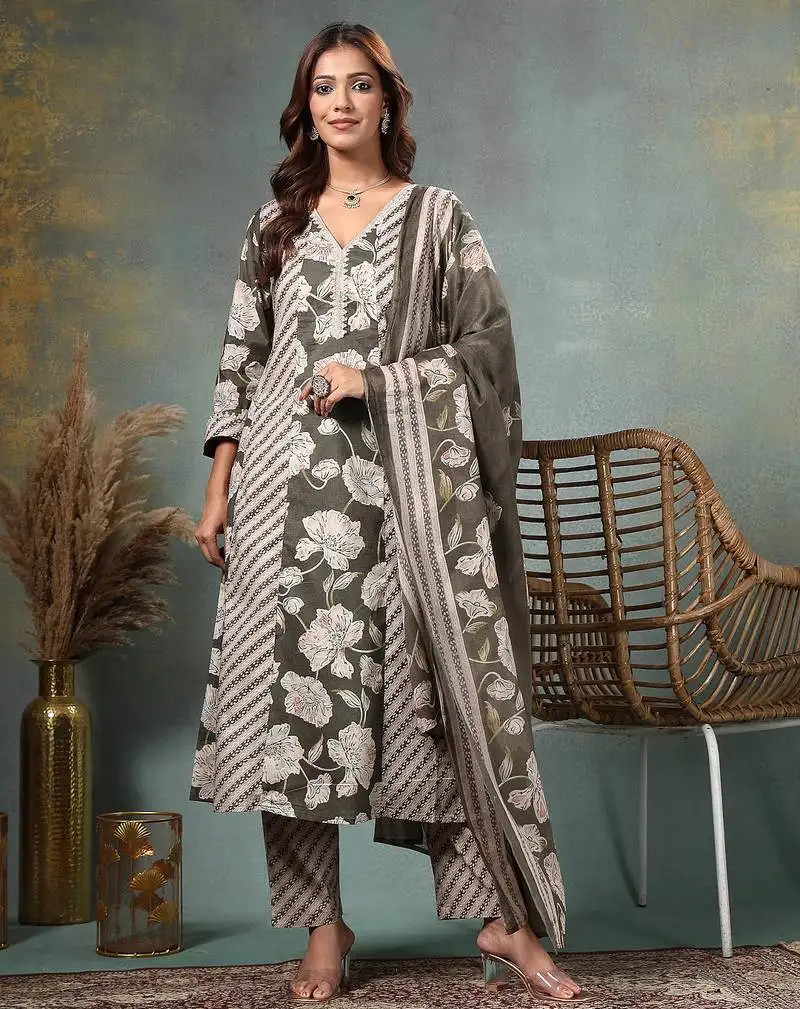 Olive floral print anarkali silk blend kalidaar kurta trouser dupatta set