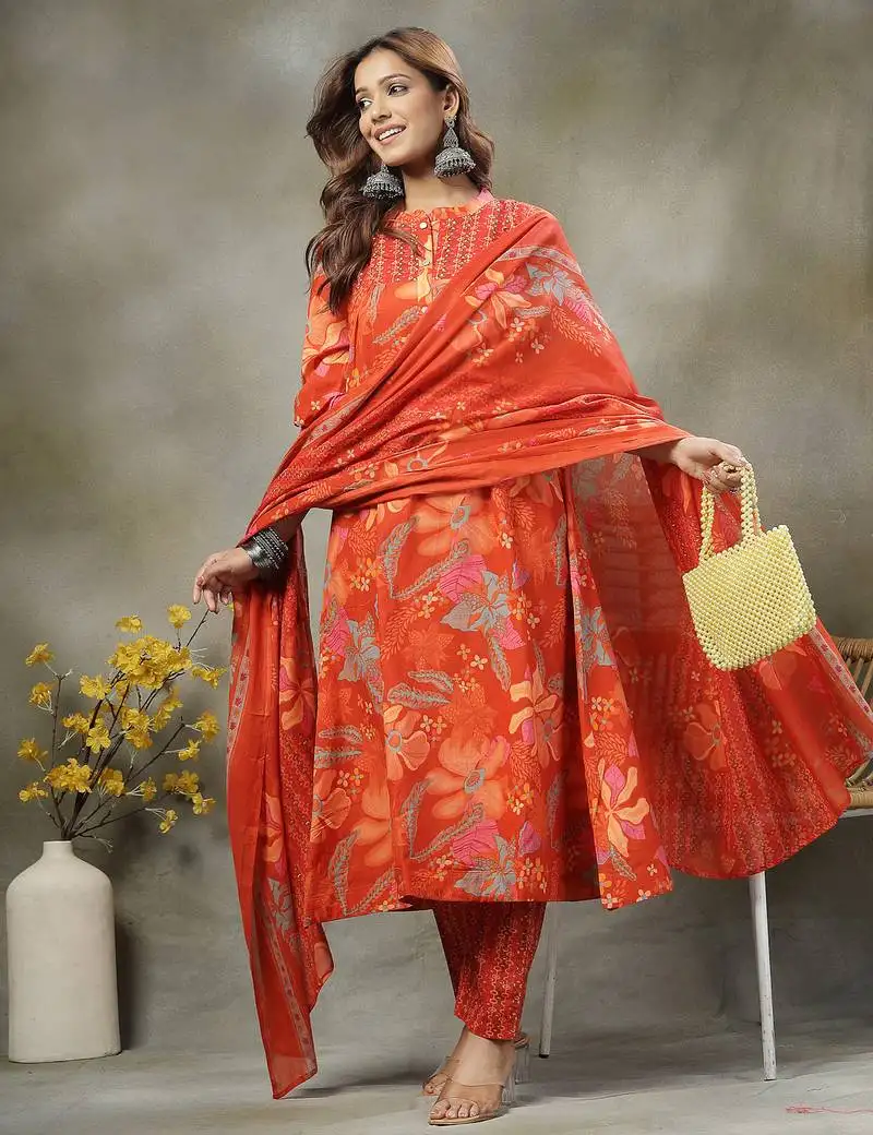 Orange sequins work pure cotton a-line kurta trouser dupatta set