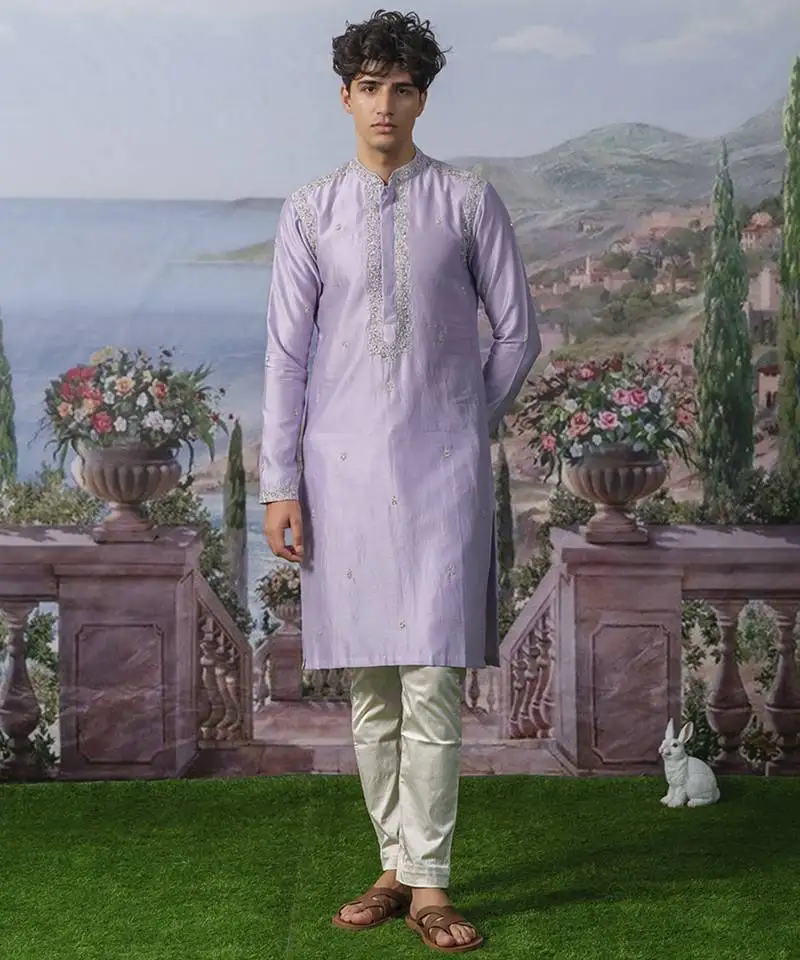Purple embroidered chanderi silk kurta pajama