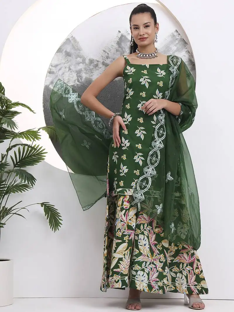 Green cotton sleeveless kurta palazoo dupatta set