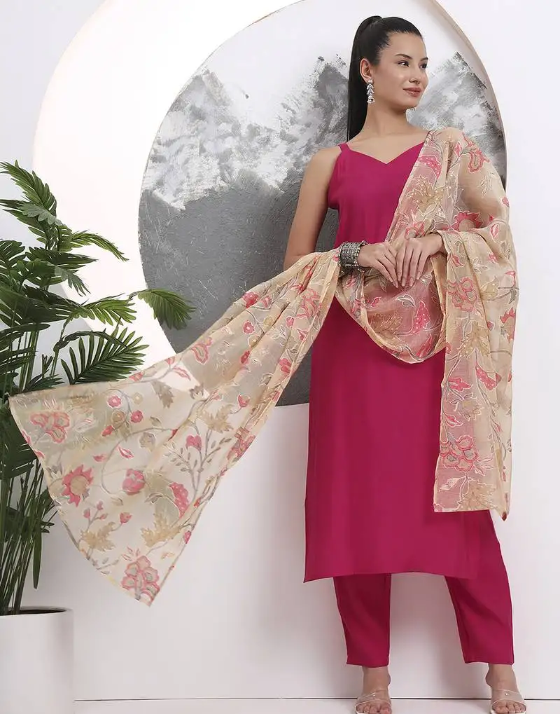 Pink solid straight silk blend sleeveless kurta trouser dupatta set