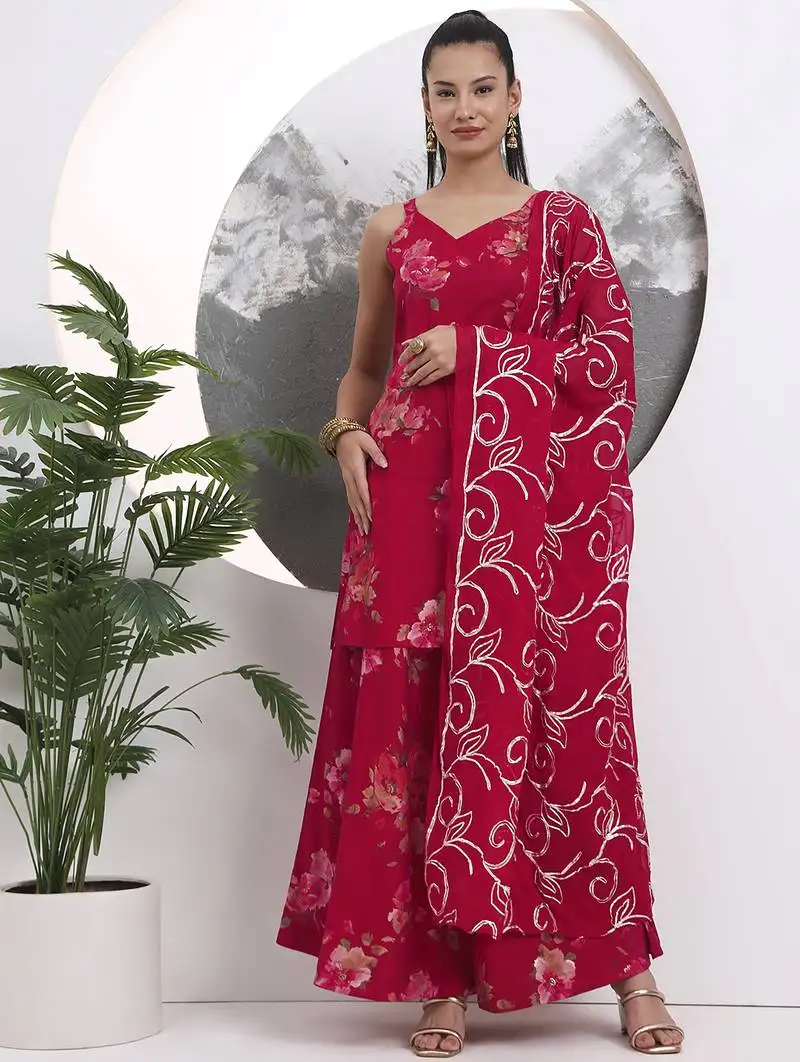Red floral straight silk blend sleeveslss kurta palazoo dupatta set