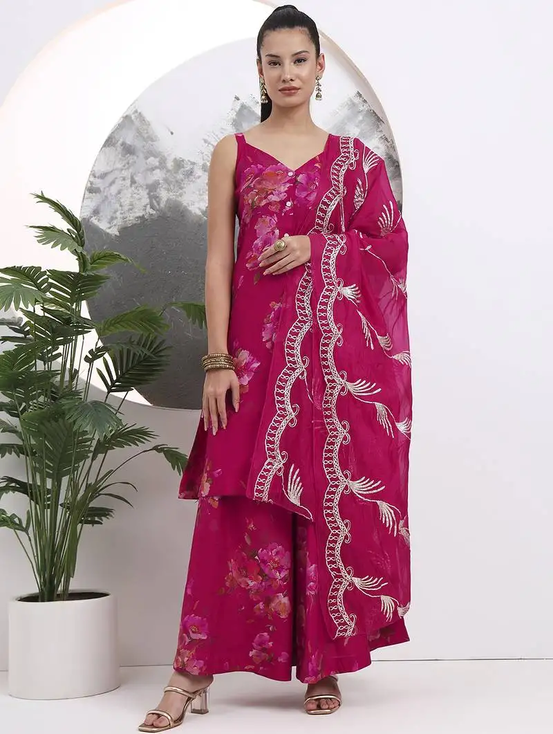 Hot pink silk blend a-line kurta palazoo set