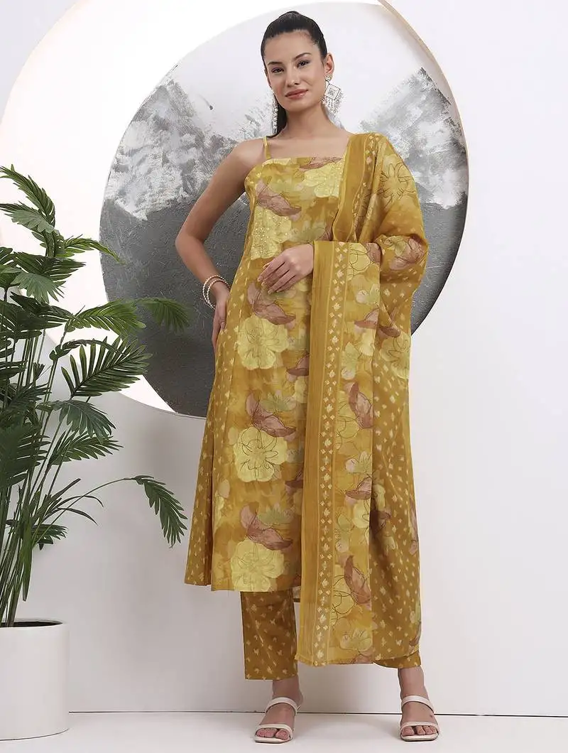 Mustard floral print sequins work cotton kurta trouser with dupatta set