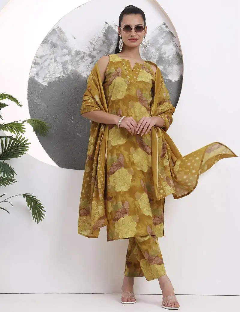 Mustard floral print sequins work cotton straight kurta trouser with dupatta set