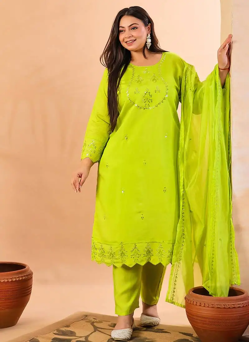 Slik blend lime green straight plus size kurta dupatta pant set cotton lining kurta