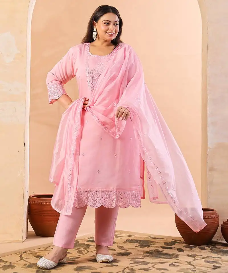 Slik blend pink straight plus size kurta dupatta pant set cotton lining kurta