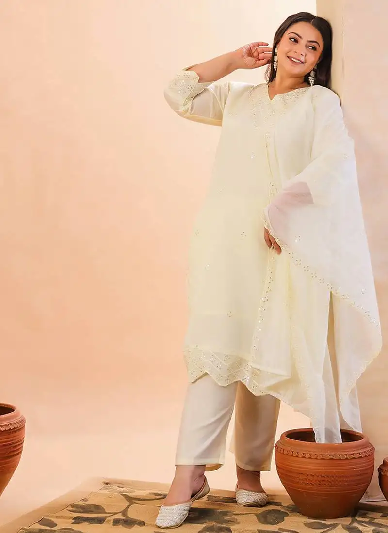 Cream slik blend straight plus size kurta dupatta pant set cotton lining kurta