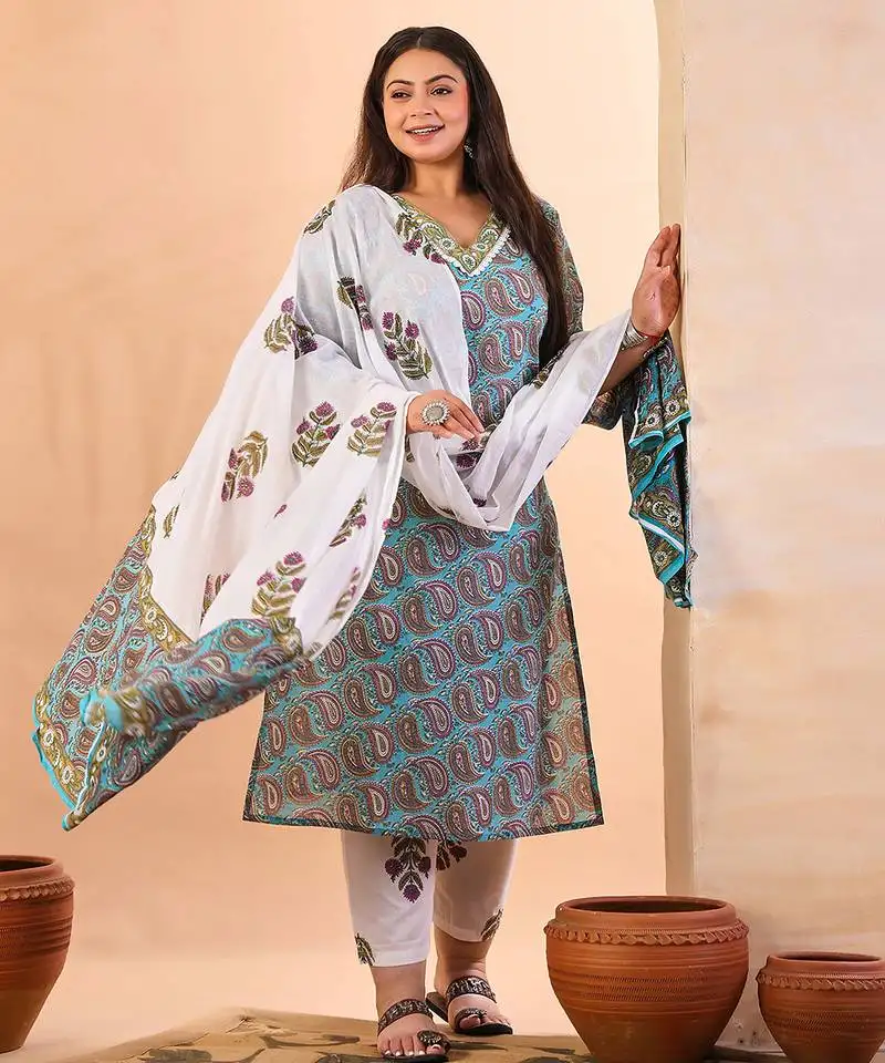 Sky blue paisley cotton straight plus size kurta white trouser white dupatta set
