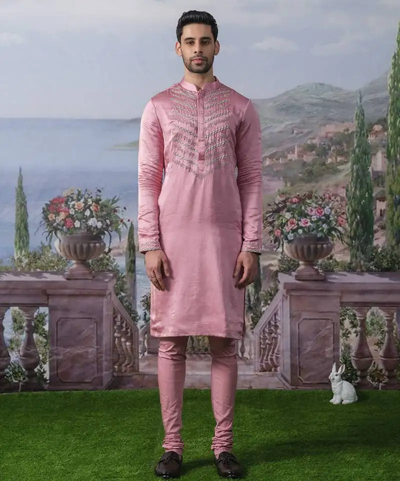 Pink embroidered chanderi silk kurta pajama