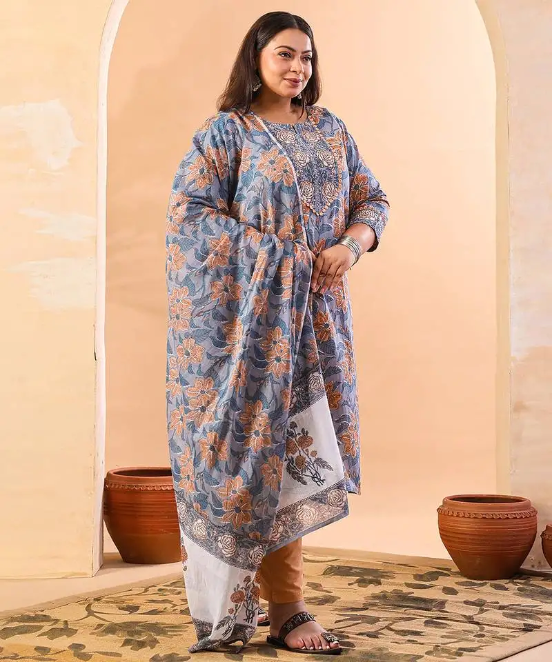 Grey hand embroidery cotton plus size straight kurta orange trouser dupatta set