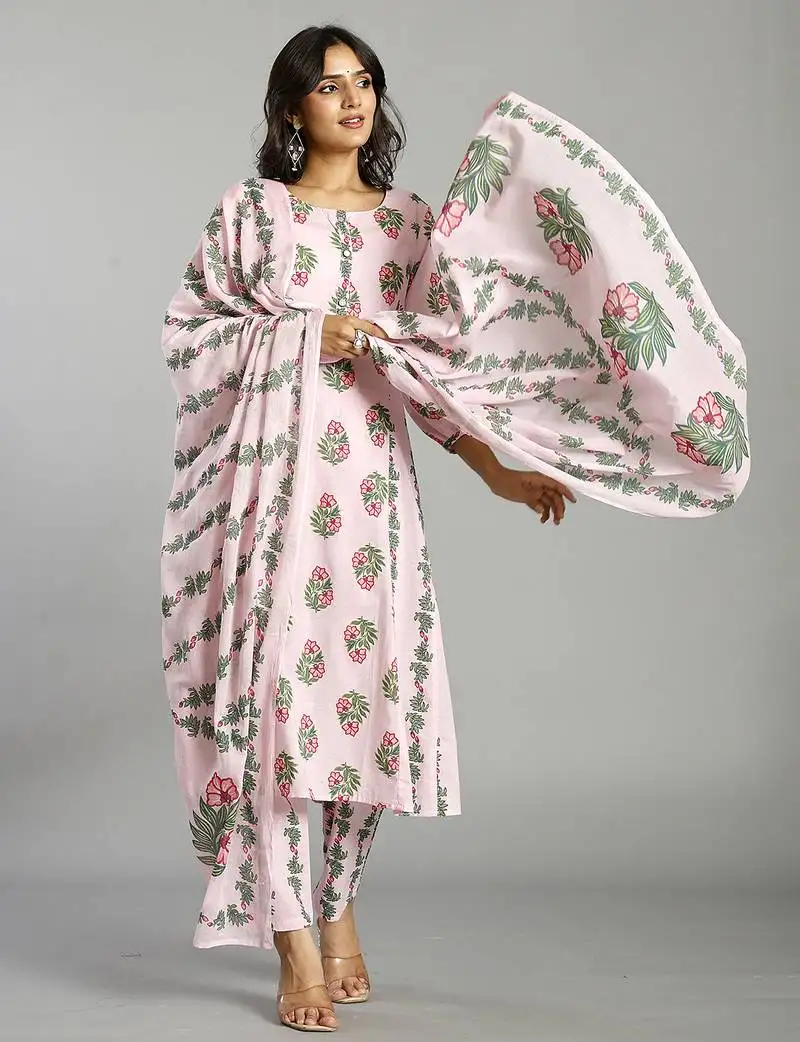 Pink block print handcrafted cotton flared kurta set