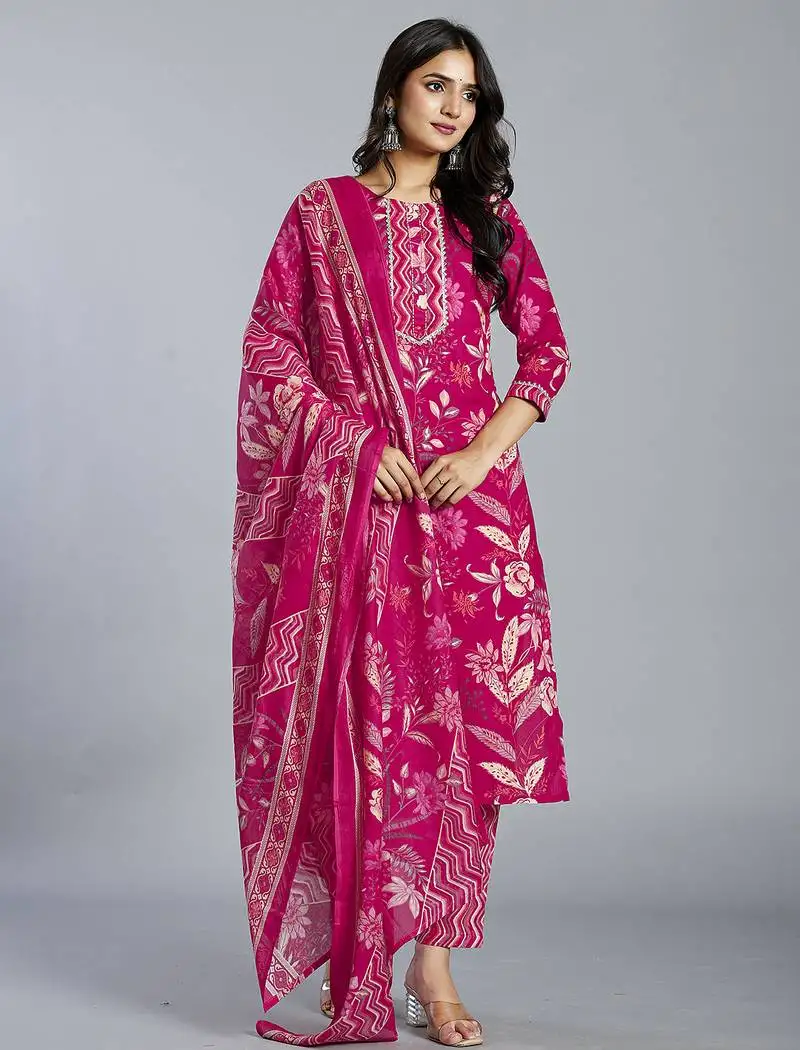Pink floral cotton straight kantha work kurta trouser dupatta set