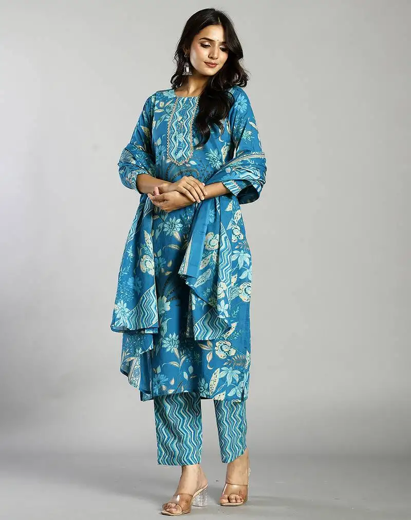 Turquoise blue floral cotton straight kantha work kurta trouser dupatta set