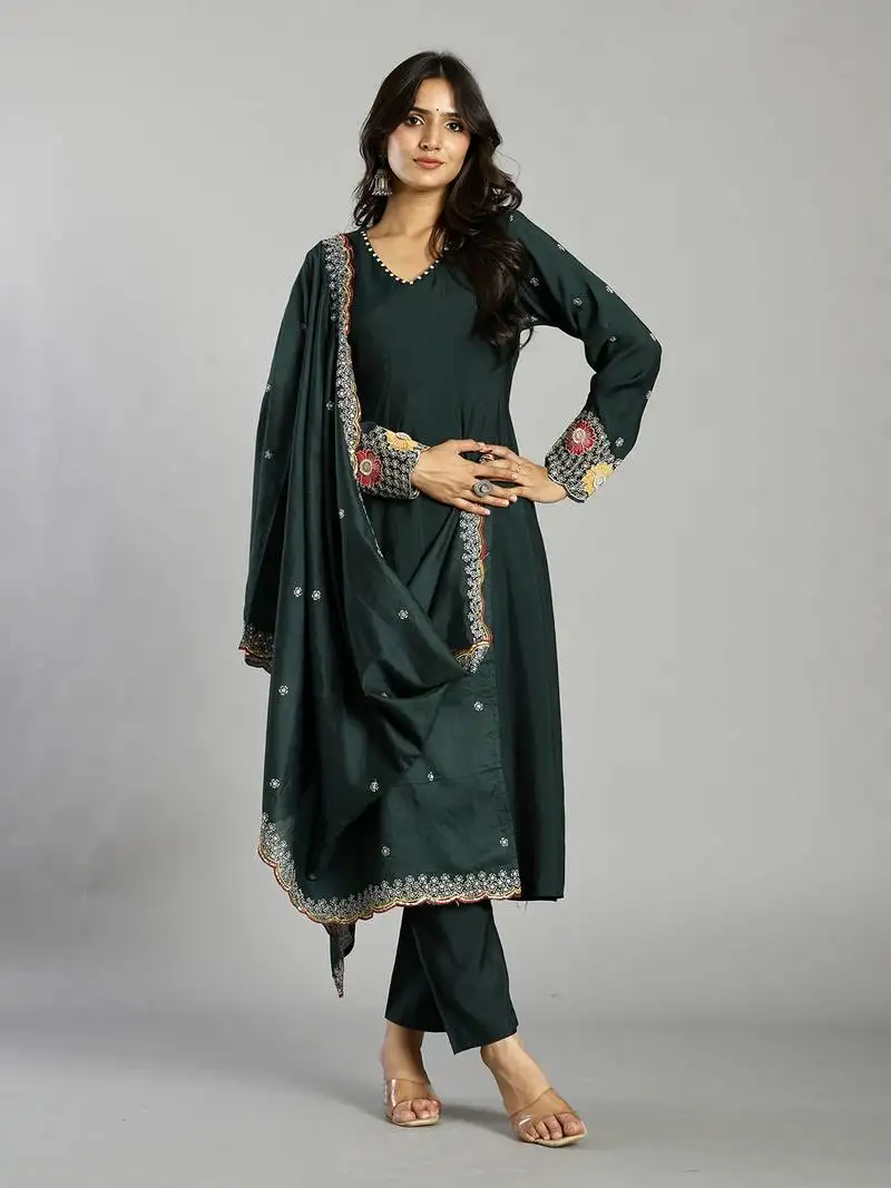 Green roman silk zari work a-line kurta trouser dupatta set
