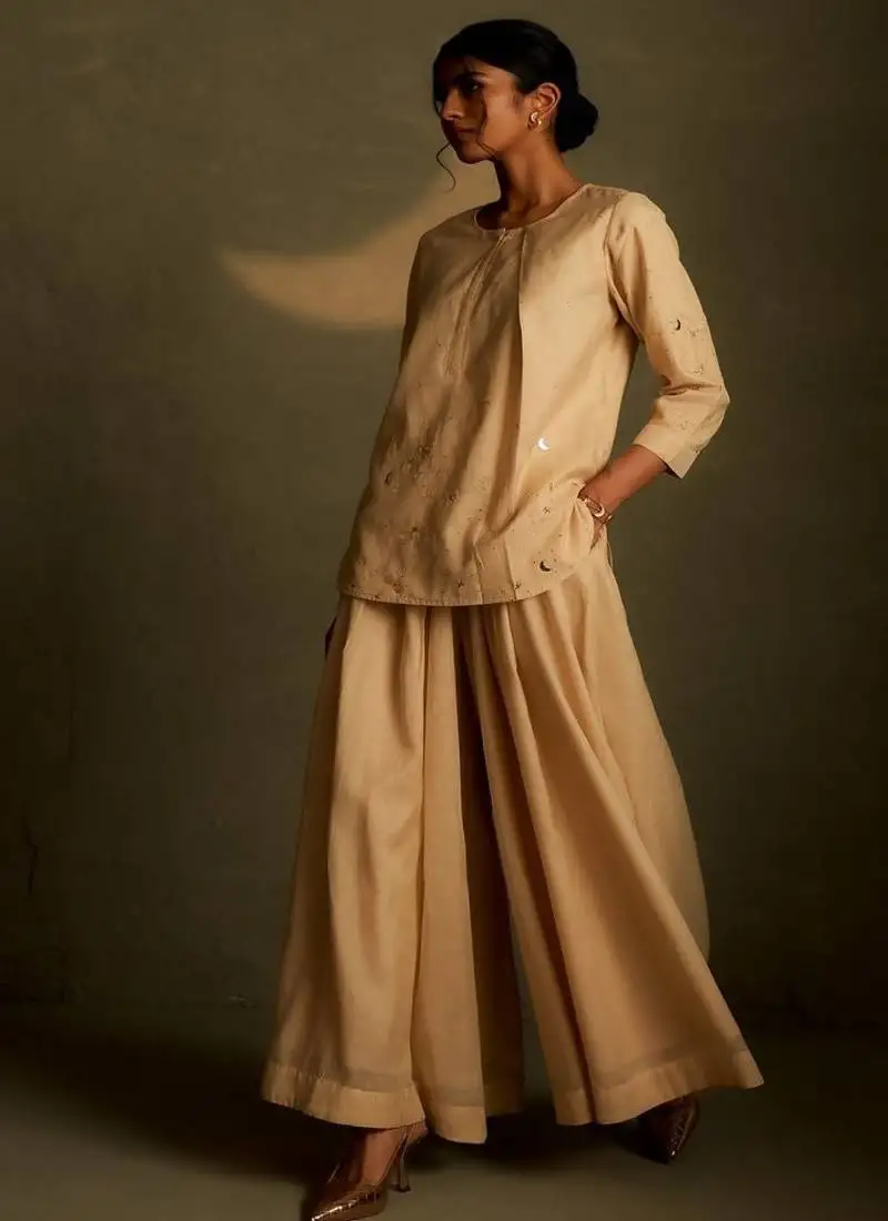 Beige embroidered chanderi co ord set