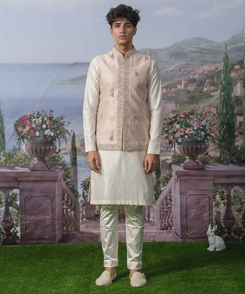 Pink embroidered chanderi silk nehru jacket paired with plain kurta pajama