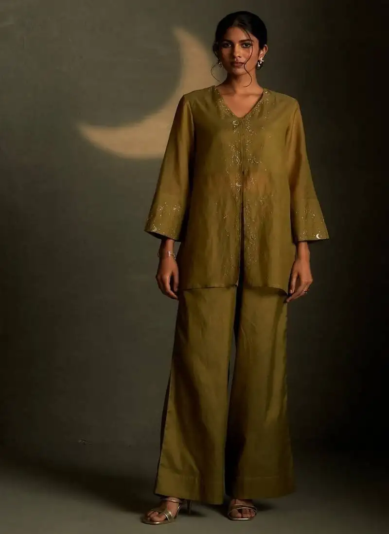 Olive embroidered chanderi kurta set