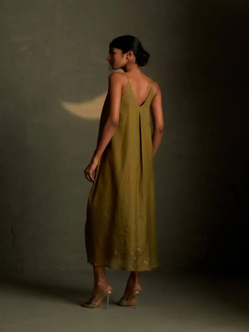 Olive embroidered chanderi dress