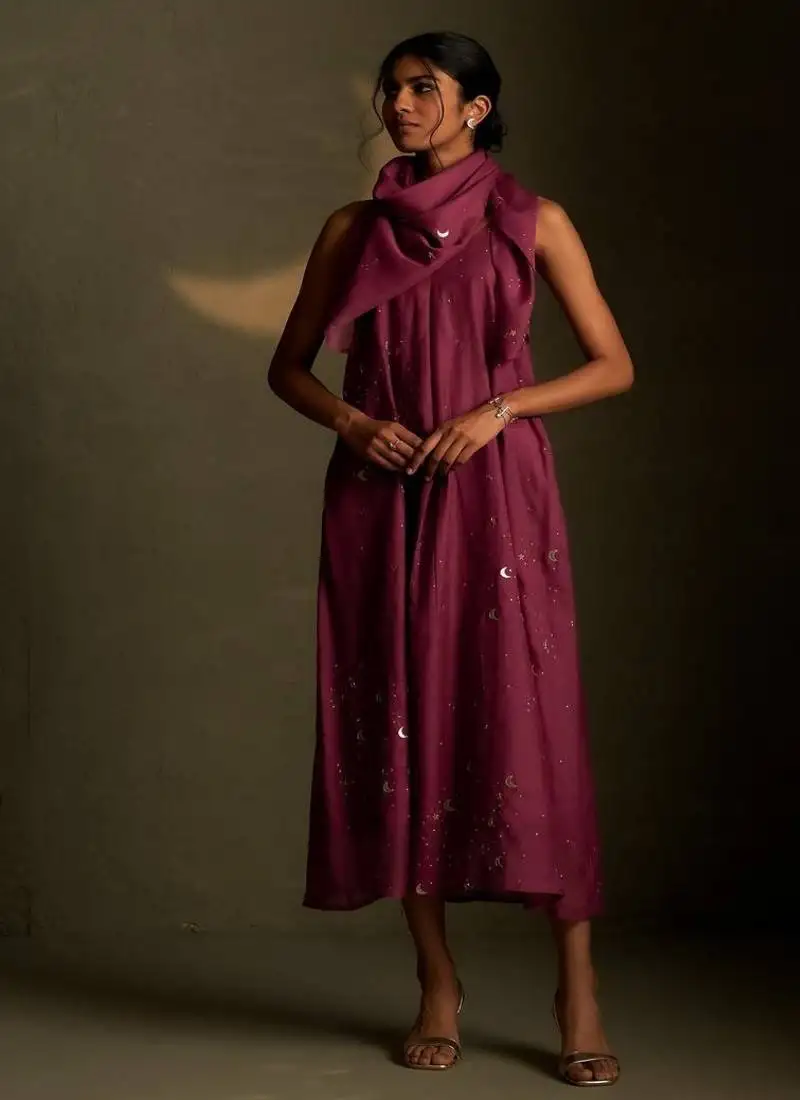 Magenta embroidered chanderi dress