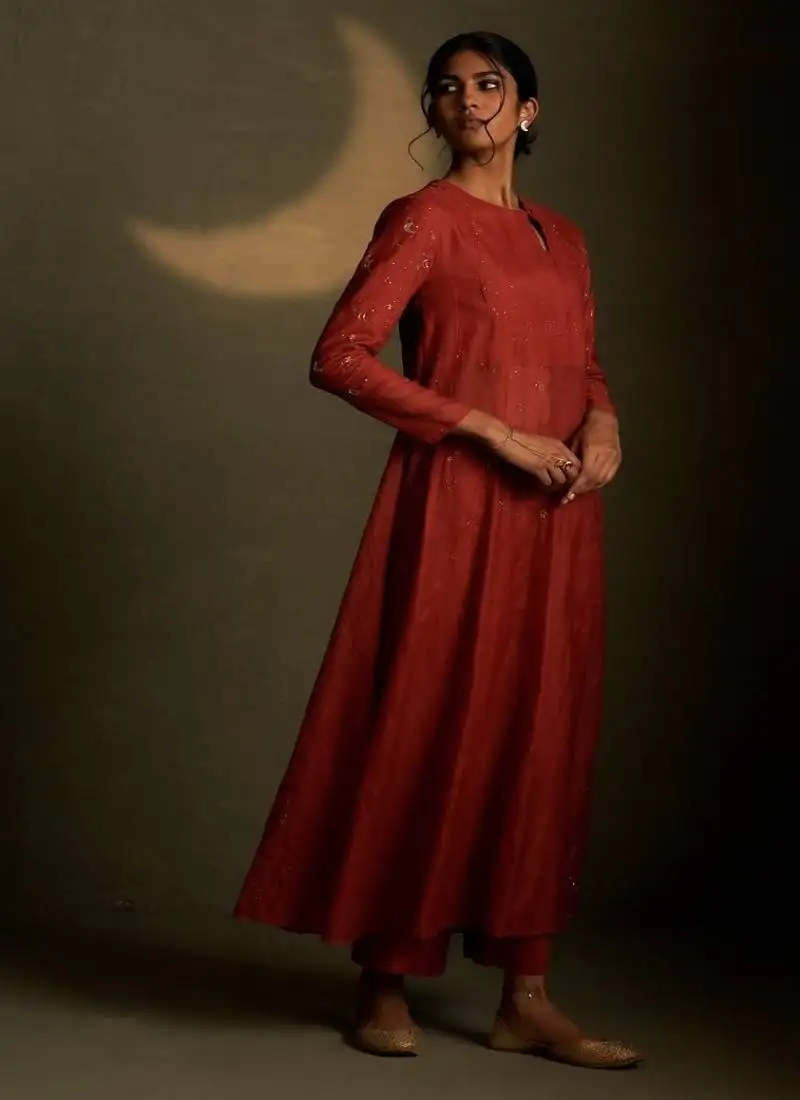 Red embroidered chanderi anarkali