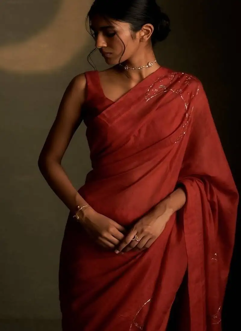 Crimson embroidered chanderi saree